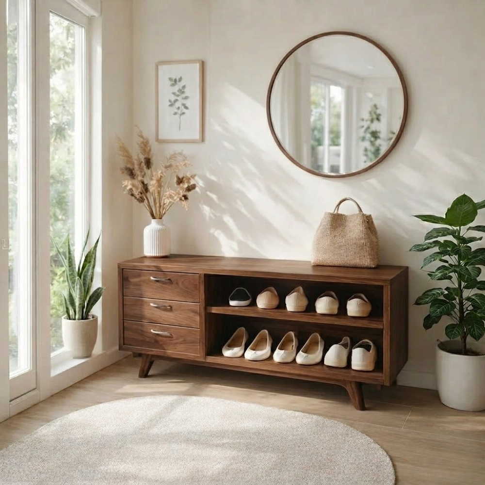 Solid Wood Shoe Bench with Drawers & Shelves – Entryway Storage Organizer