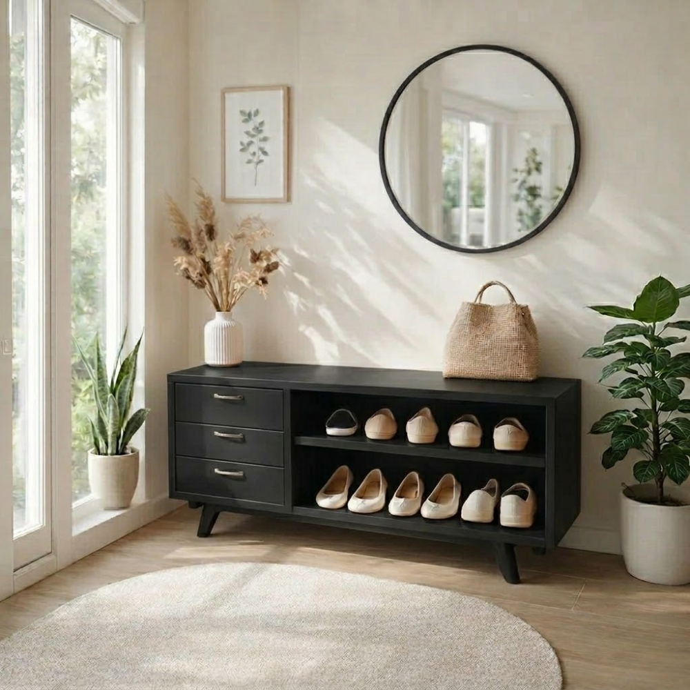 Solid Wood Shoe Bench with Drawers & Shelves – Entryway Storage Organizer