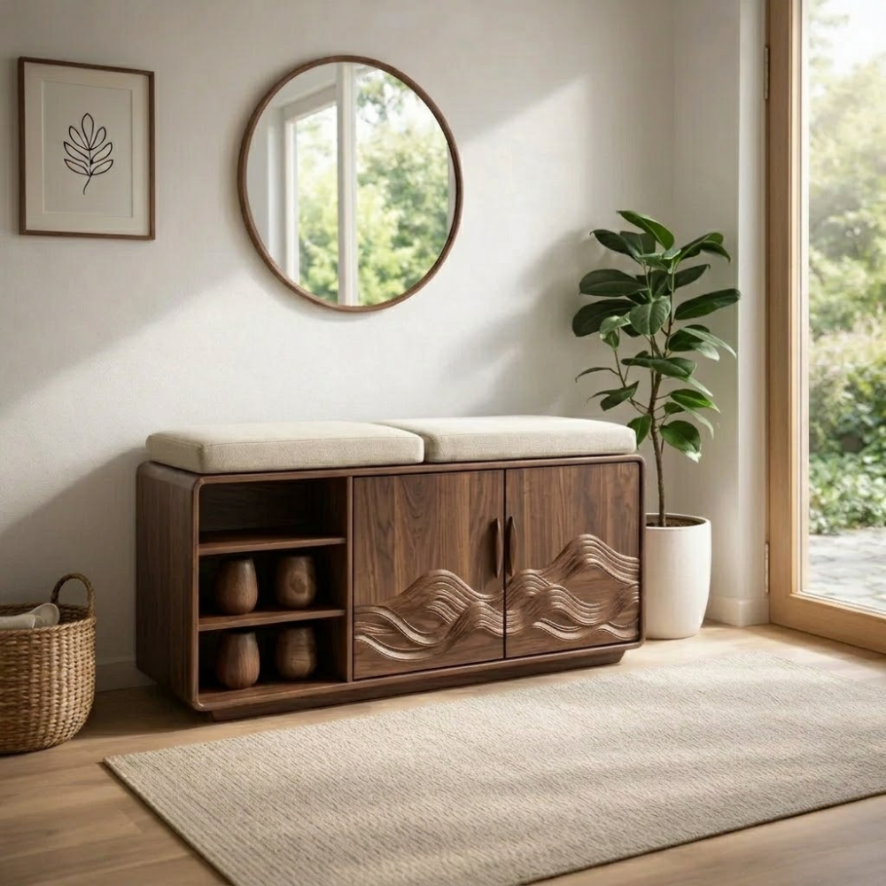 Solid Wood Shoe Bench with Cushion & Cabinet – Entryway Storage with Shelves