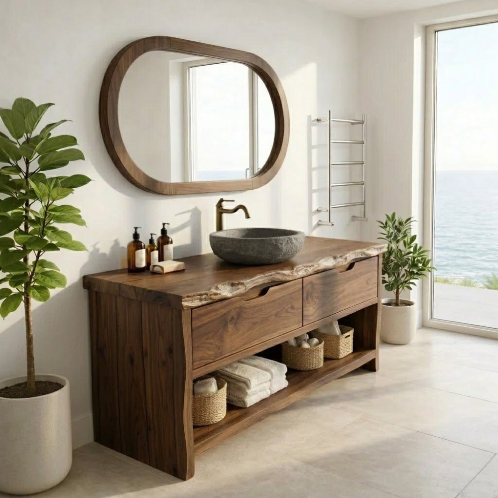 Solid Wood Bathroom Vanity Cabinet with Live Edge β Rustic Vanity Base Only