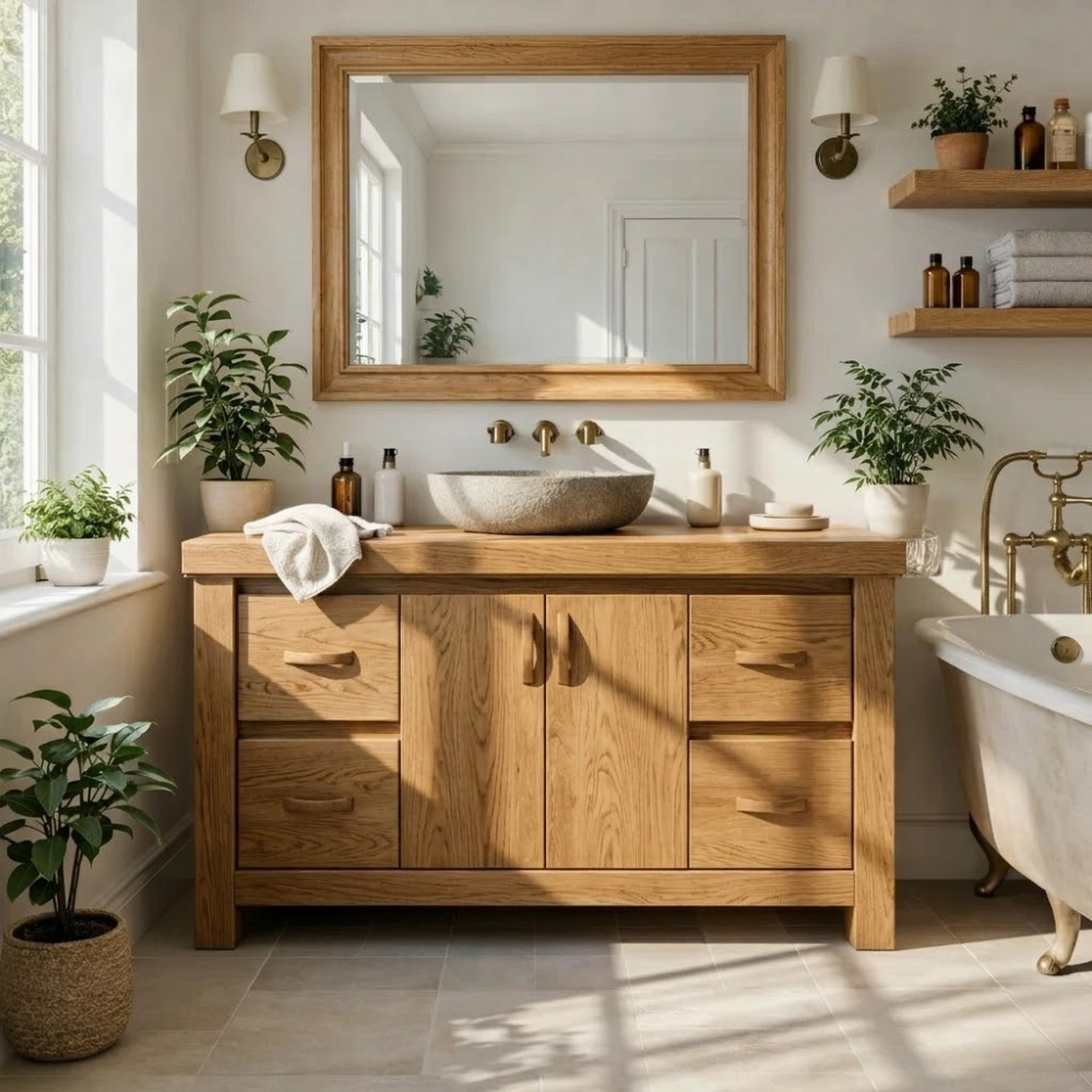 Solid Wood Bathroom Vanity Cabinet with Drawers β Rustic Oak Vanity Base Only