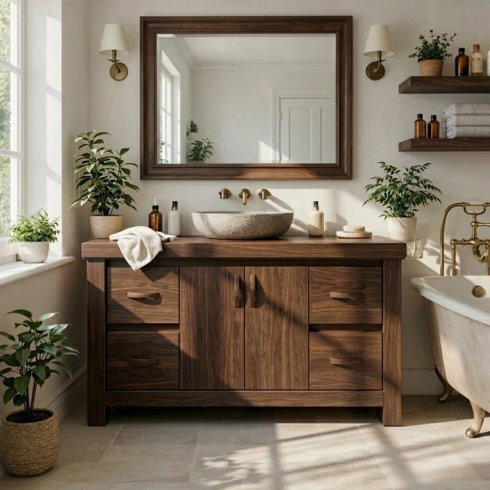 Solid Wood Bathroom Vanity Cabinet with Drawers β Rustic Oak Vanity Base Only