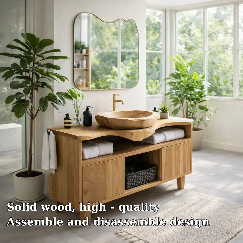 Solid Wood Bathroom Vanity Cabinet with Storage β Modern Oak Vanity Base Only