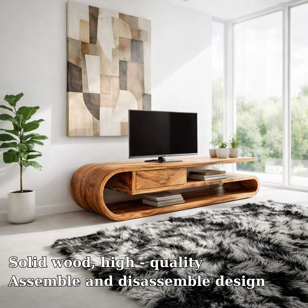 Solid Wood TV Console with Curved Frame – Media Stand with Drawer
