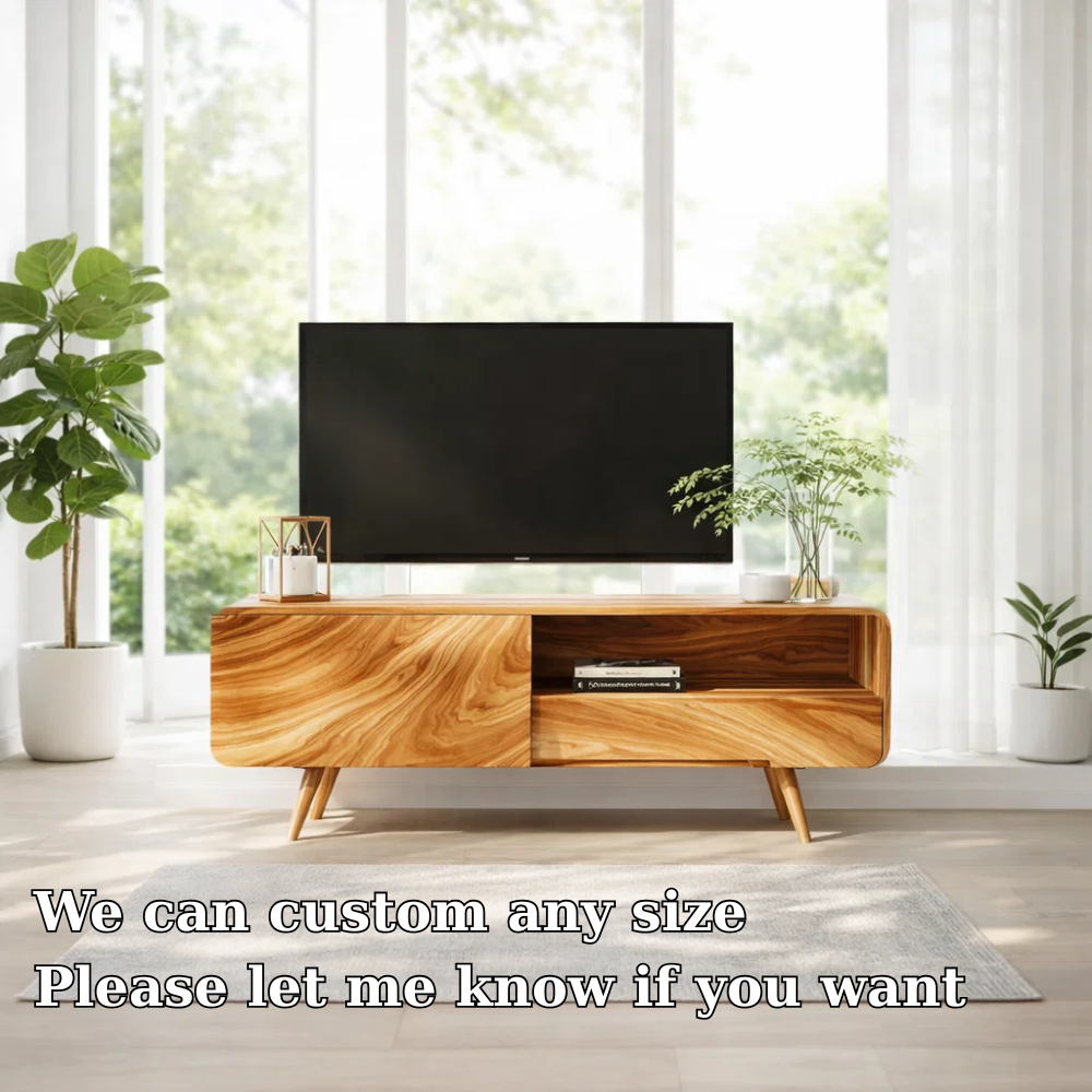 Solid Wood TV Console with Sliding Door – Modern Walnut Media Stand with Storage