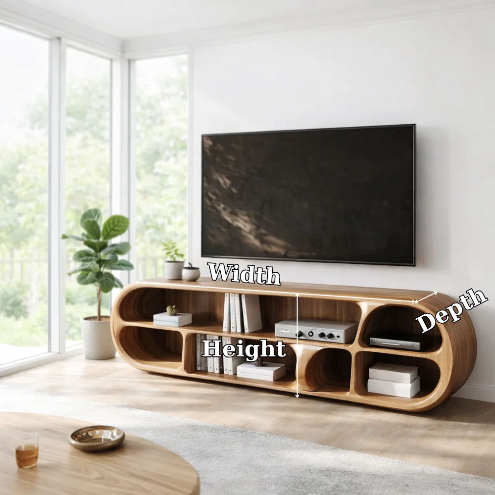 Solid Wood TV Console with Curved Design – Modern Media Unit with Open Storage
