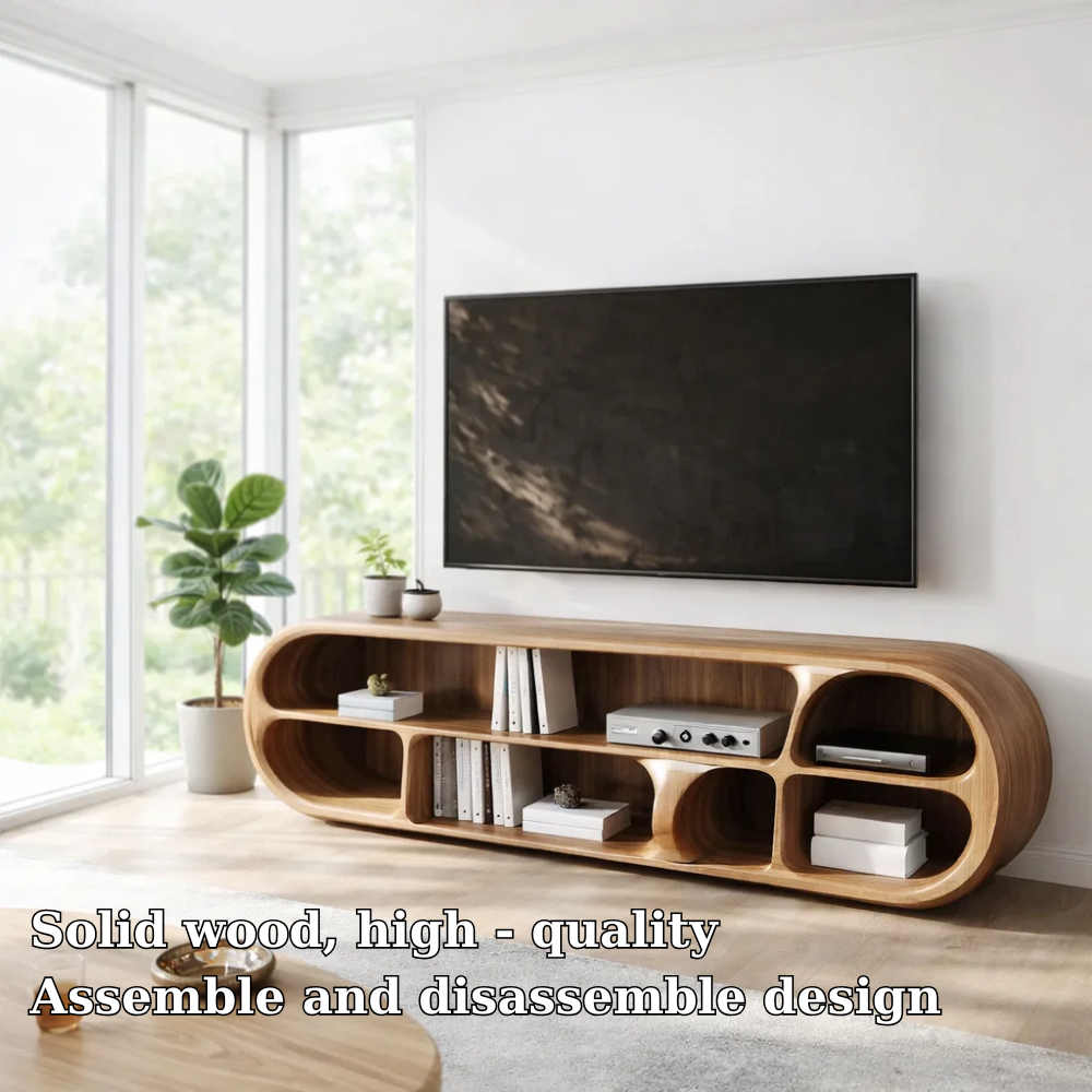 Solid Wood TV Console with Curved Design – Modern Media Unit with Open Storage