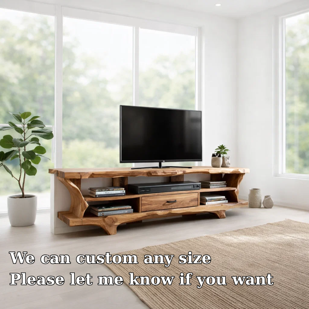 Solid Wood TV Console with Live Edge – Rustic Modern Media Stand with Storage