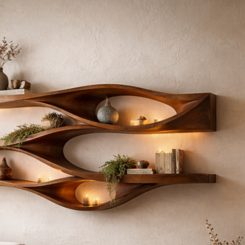 Handcrafted Solid Wood Floating Wall Shelf - Organic Curved Wave Design for Modern Home Decor