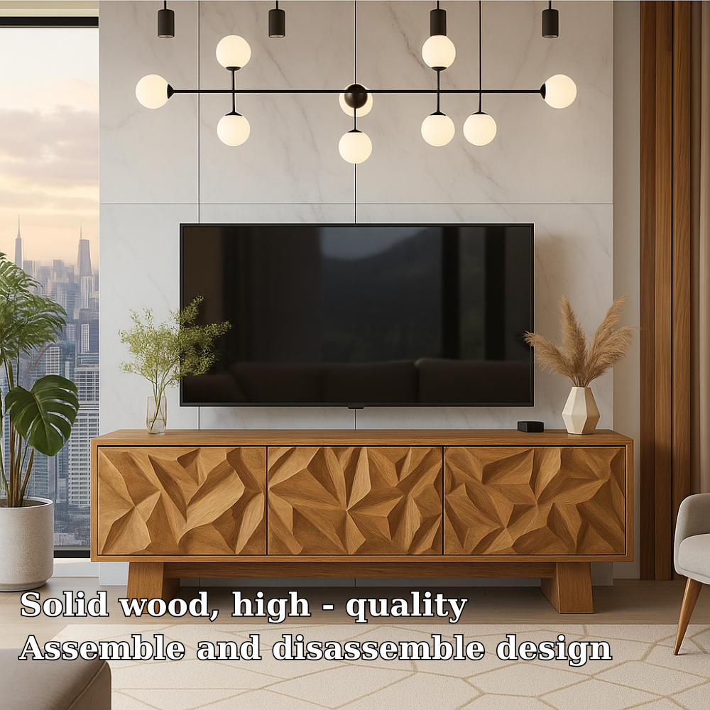 Solid Wood TV Stand Modern Walnut Media Console with Geometric Carved Storage Cabinet