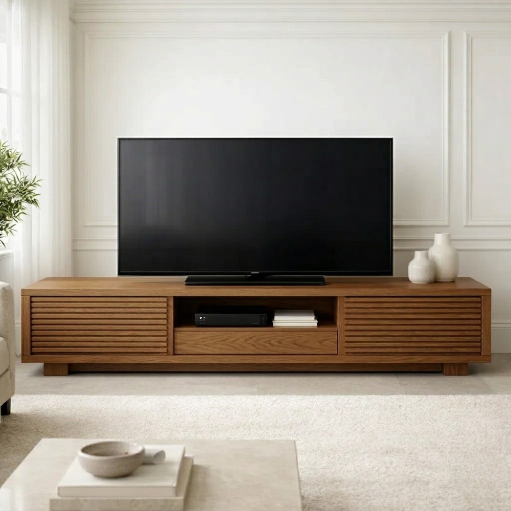 Solid Wood Media Console with Slatted Doors, Modern TV Stand with Storage