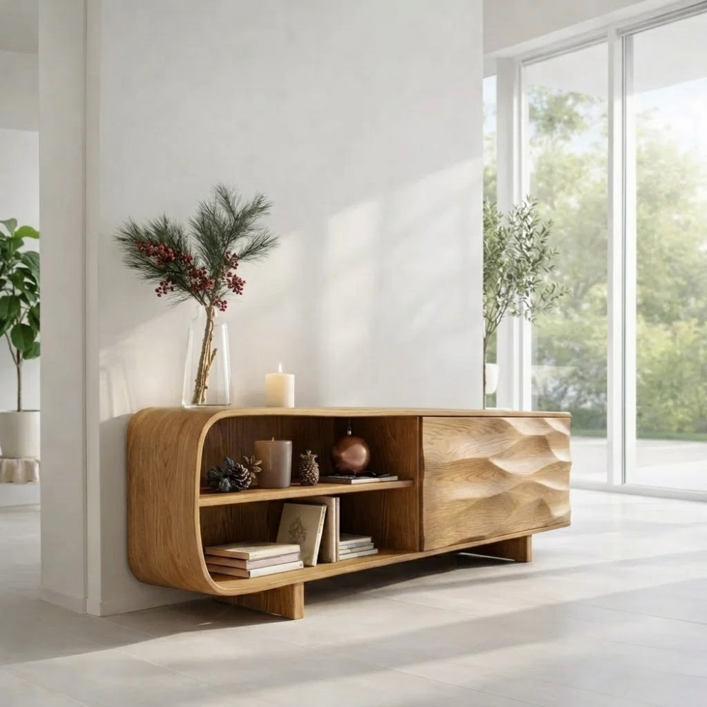 Solid Wood Sideboard Console with Wave Carved Door & Open Shelf Storage