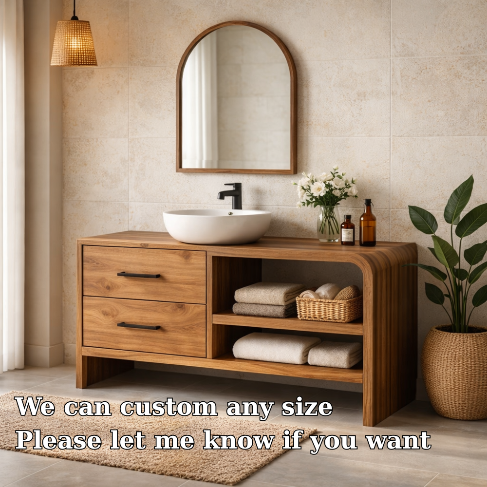 Modern Solid Wood Bathroom Vanity with Drawers and Open Shelf Storage Cabinet