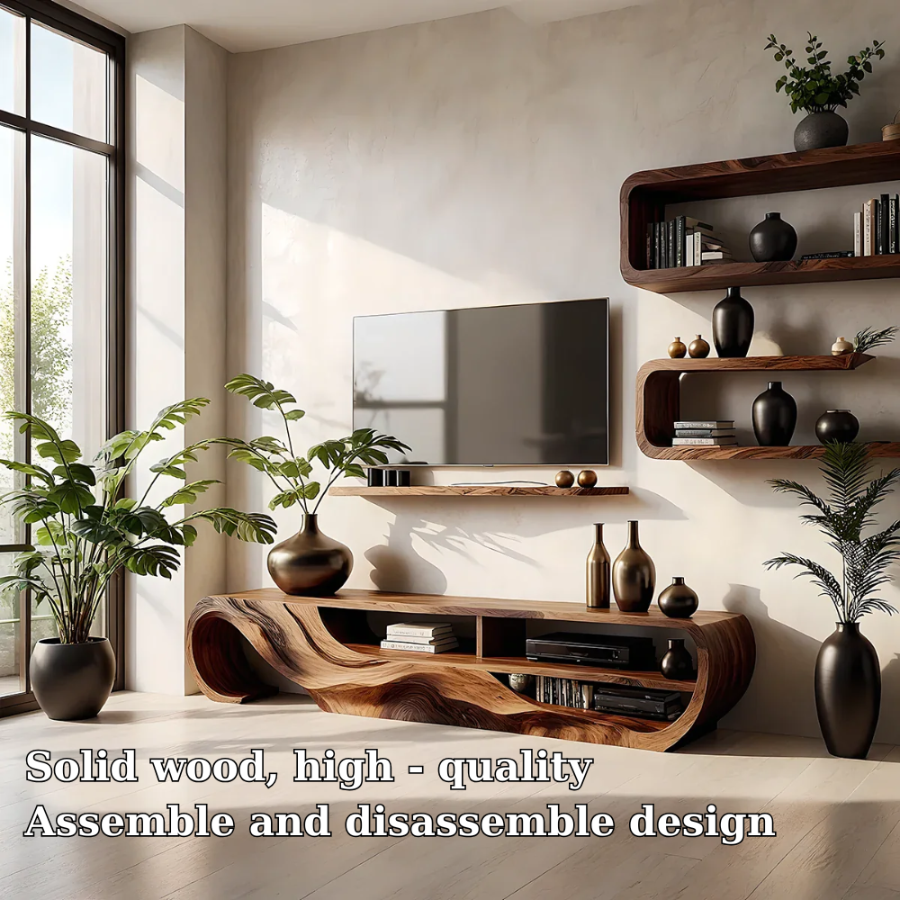 Solid Wood TV Stand Modern Sculptural Media Console for Living Room