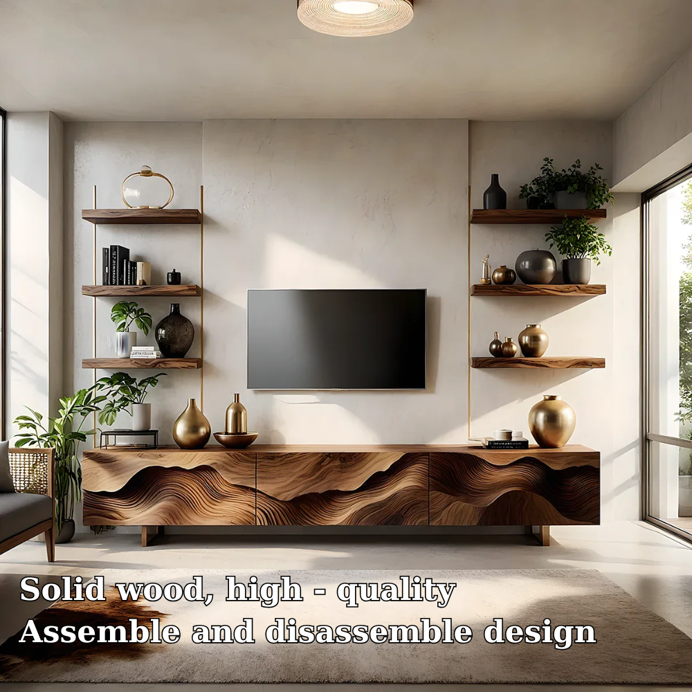 Solid Wood TV Stand Modern Walnut Media Console with Sculpted Wave Doors