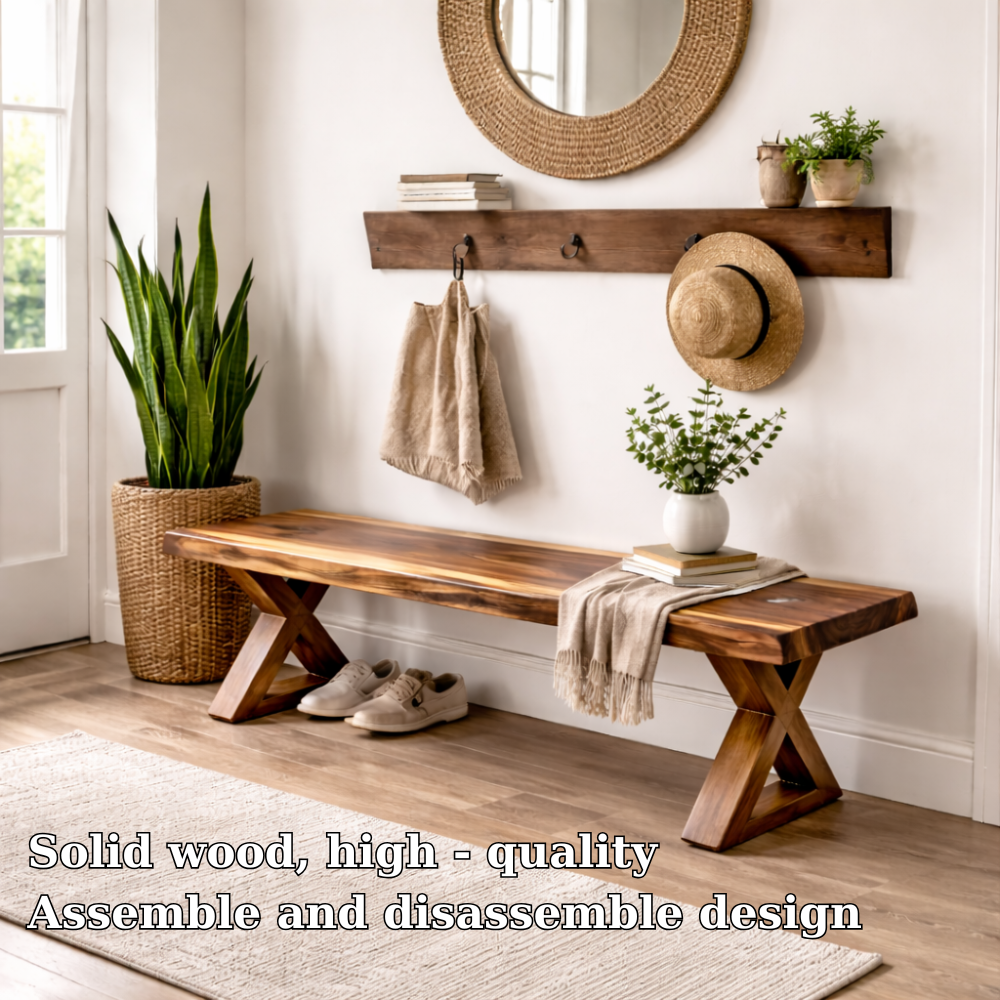 Solid Wood Entryway Bench with X-Leg Design | Rustic & Modern Hallway Seating