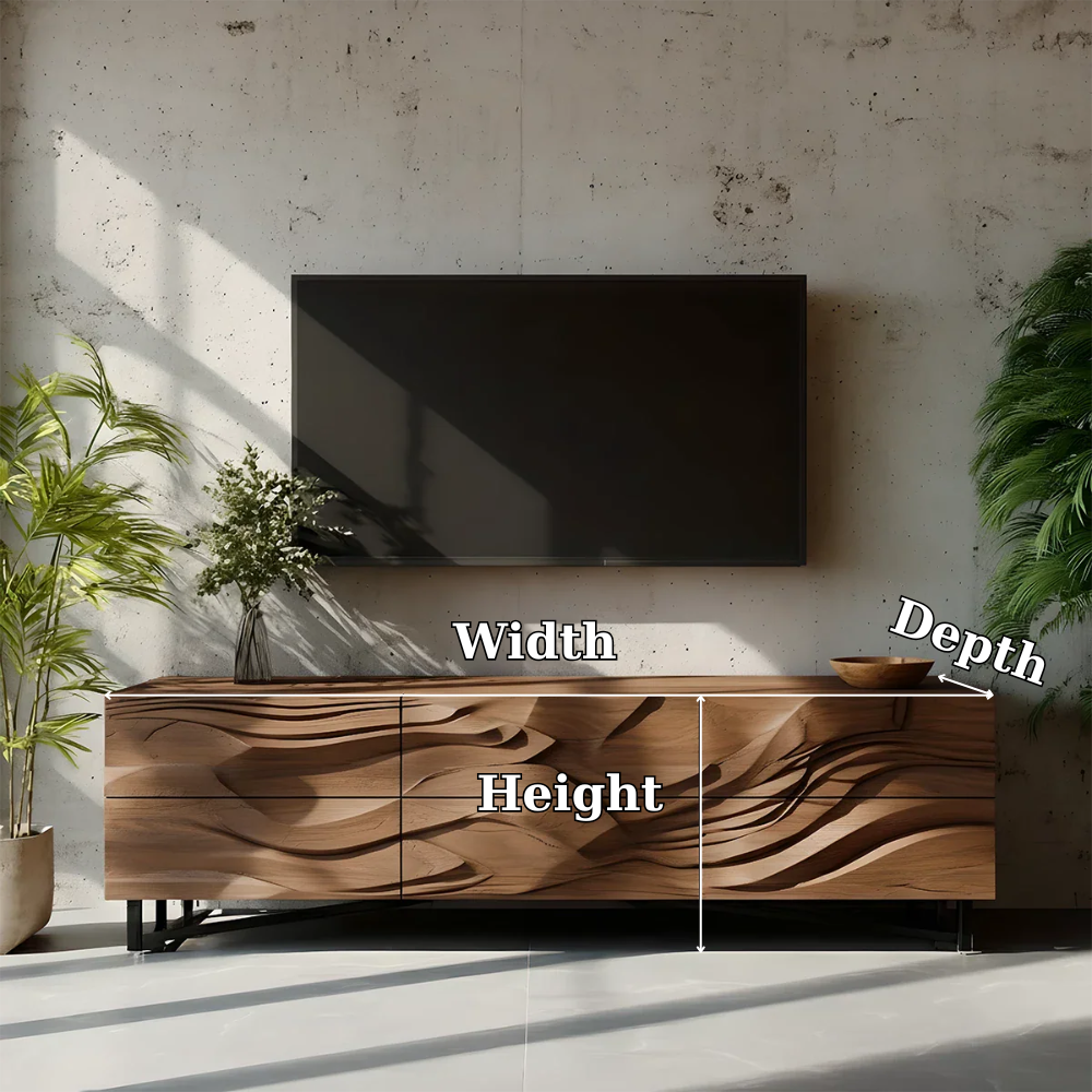 Solid Wood TV Stand Modern Walnut Media Console with Sculpted Wave Doors
