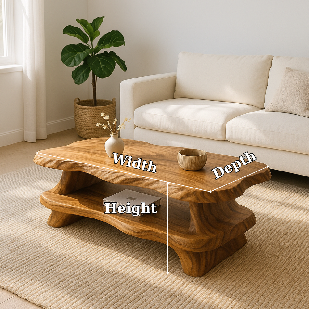 Modern Solid Wood Coffee Table with Organic Live Edge and Lower Shelf