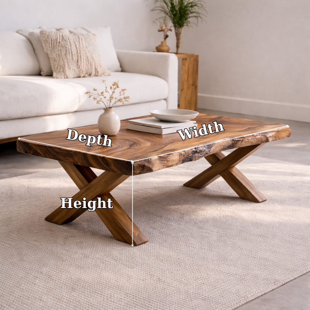 Live Edge Solid Wood Coffee Table with X-Frame Legs – Rustic Modern Living Room Table