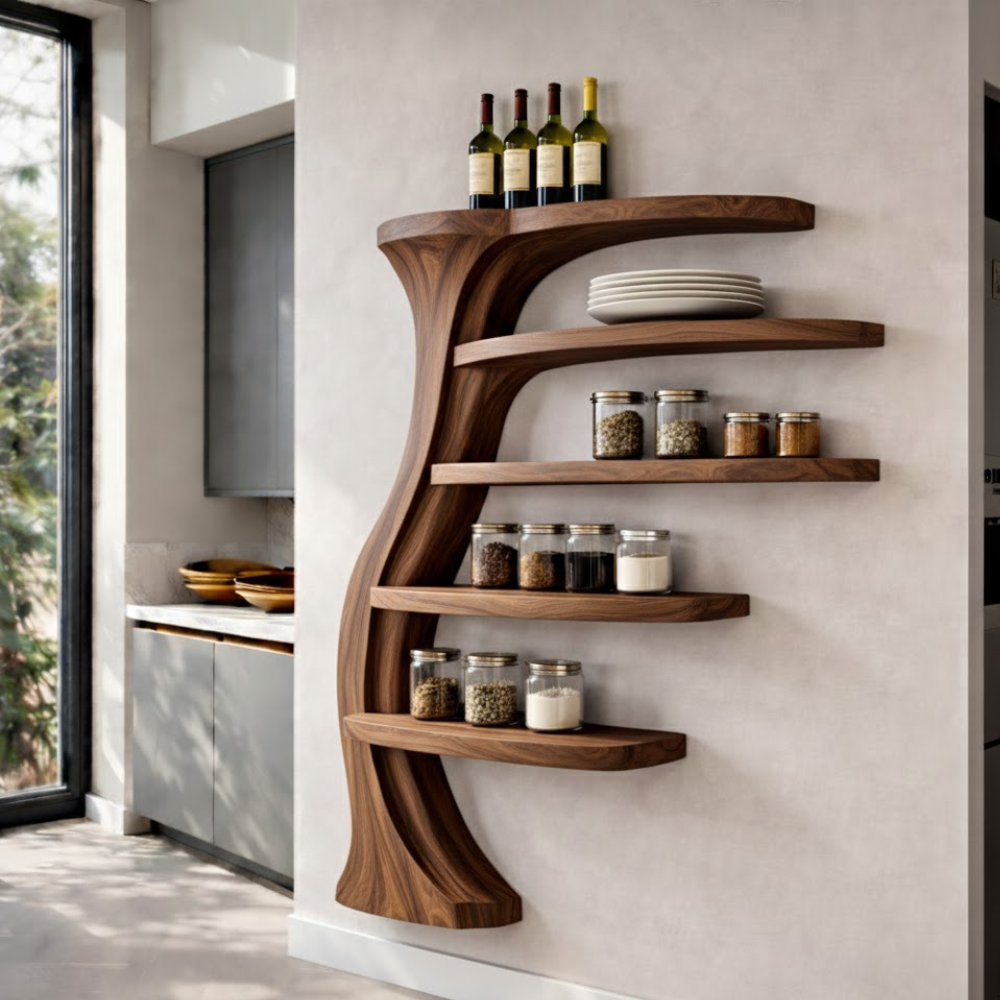 Handcrafted Solid Wood Tree-Inspired Wall Shelf - Sculptural Floating Kitchen & Living Decor