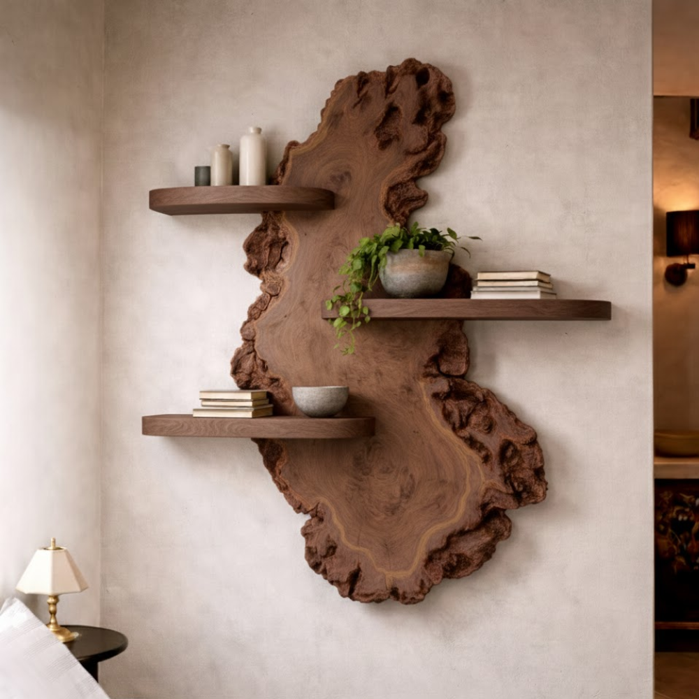 Handcrafted Solid Wood Live Edge Wall Shelf - Artistic Floating Tree Design for Home & Kitchen