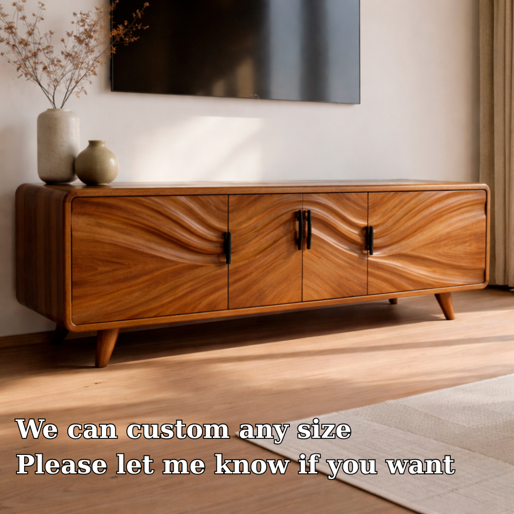 Solid Wood Wave Front TV Cabinet with Doors – Modern Low Media Console Storage