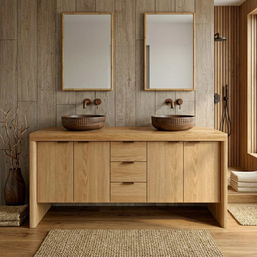 Modern Double Wood Bathroom Vanity | Natural Floating Sink Base