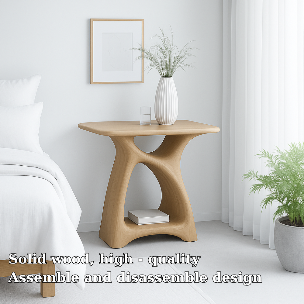 Modern Nightstand with Curved Design and Open Shelves - Dark Wood Finish