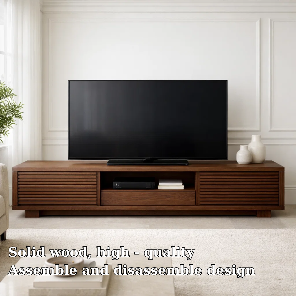 Solid Wood Media Console with Slatted Doors, Modern TV Stand with Storage