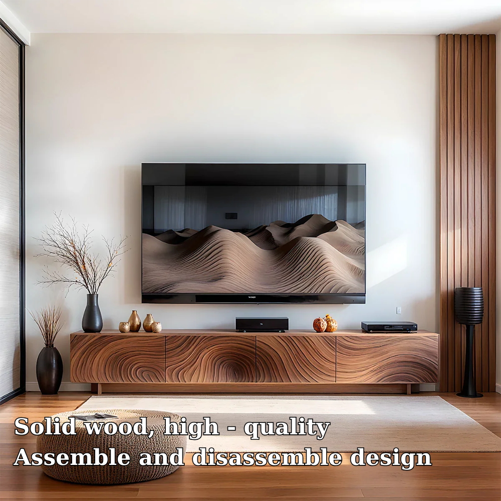 Solid Wood TV Stand Modern Walnut Media Console with Sculpted Wave Storage Cabinet
