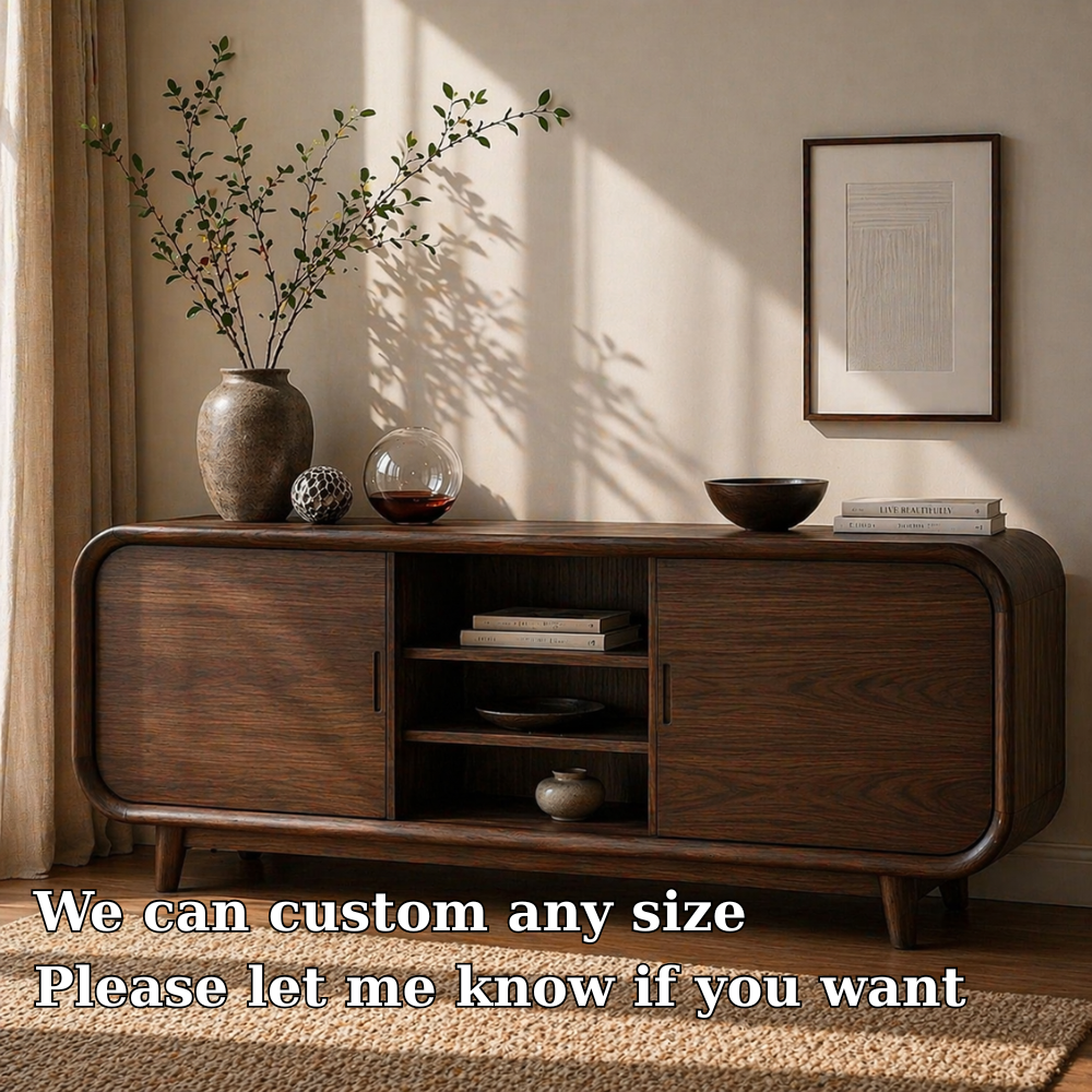 Modern Solid Wood Sideboard Cabinet with Sliding Doors & Open Shelf Storage