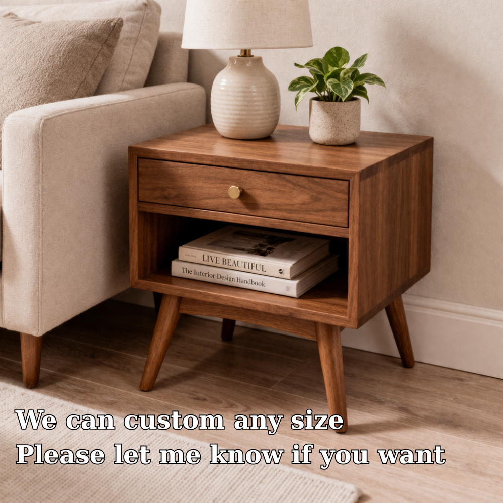 Solid Wood End Table with Drawer and Shelf – Mid Century Modern Bedside Table