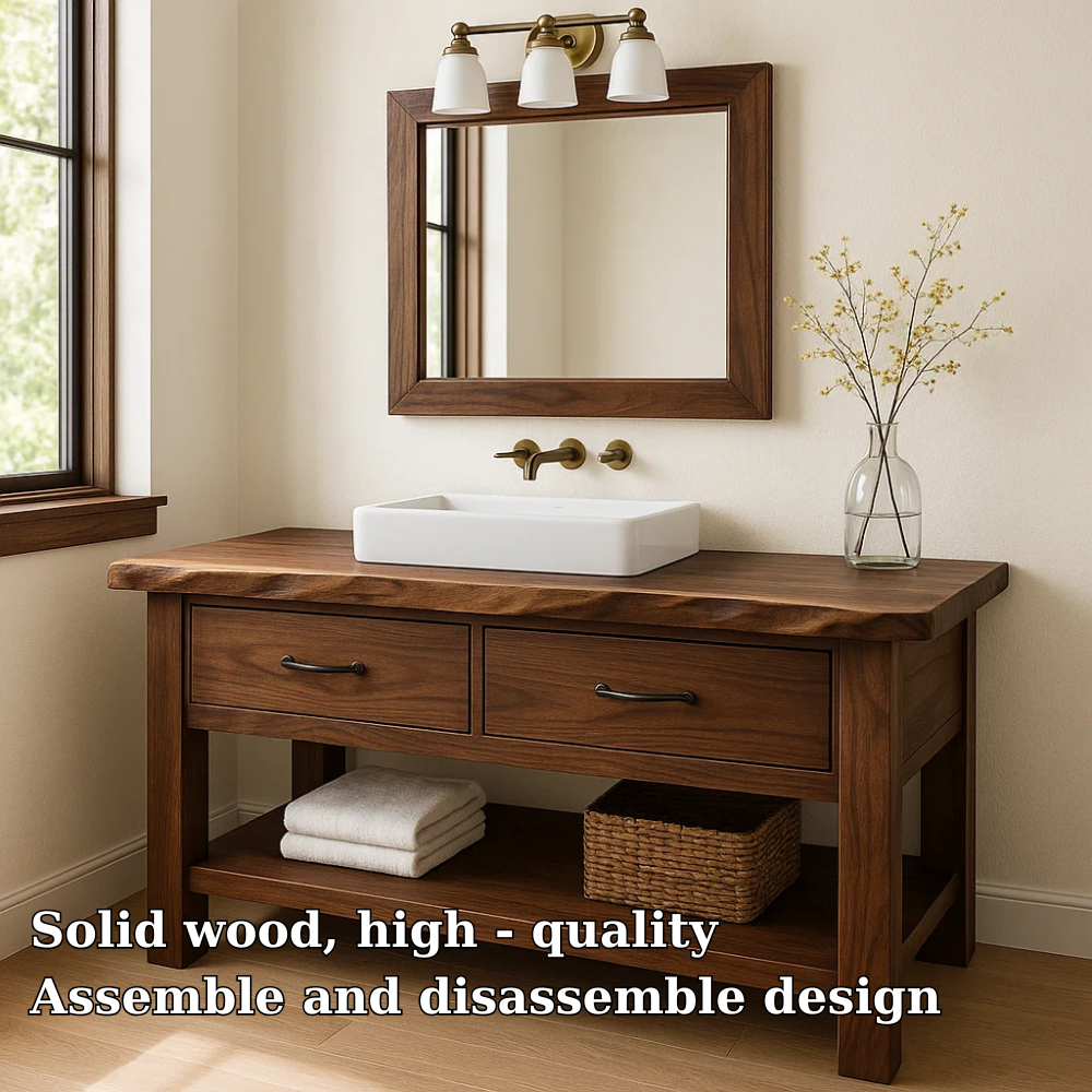 Solid Wood Bathroom Vanity Walnut Farmhouse Single Sink with Drawers and Shelf