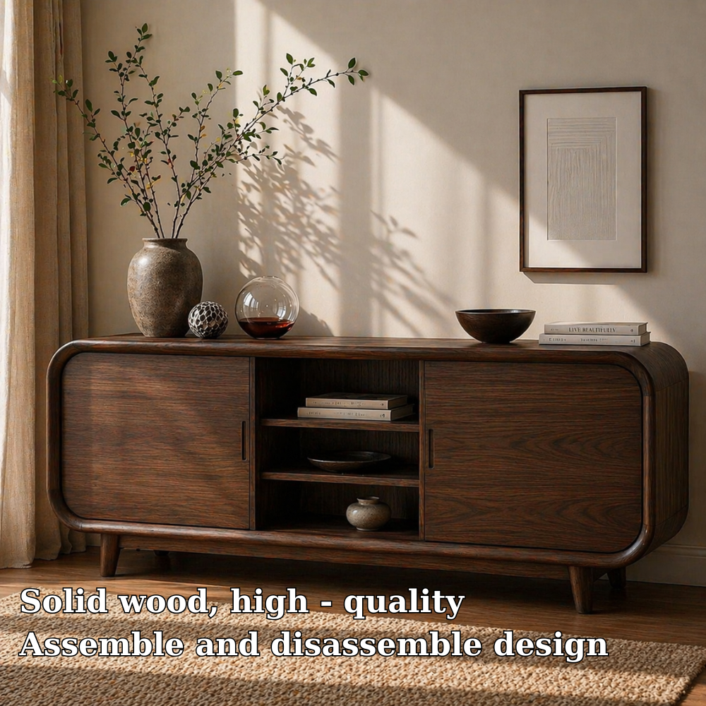 Modern Solid Wood Sideboard Cabinet with Sliding Doors & Open Shelf Storage