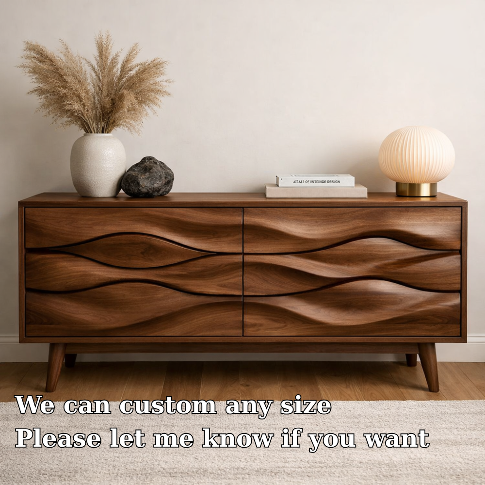 Solid Wood Wave Carved Console Cabinet – Modern Sculptural Sideboard