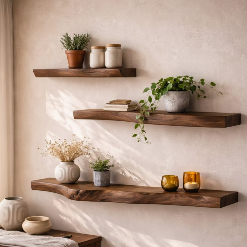 Handcrafted Solid Wood Organic Wall Shelf - Unique Live Edge Floating Decor for Home & Kitchen