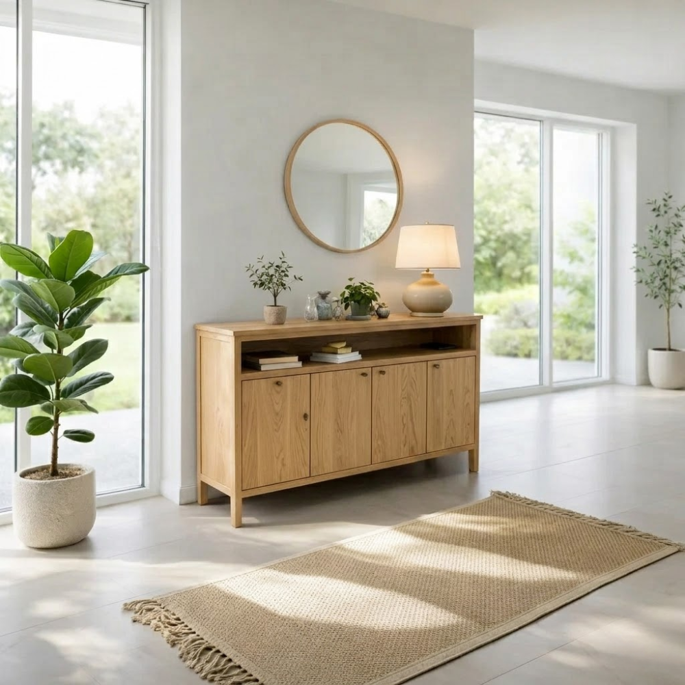 Solid Wood Sideboard Console with Cabinet Doors & Shelf, Modern Storage Cabinet