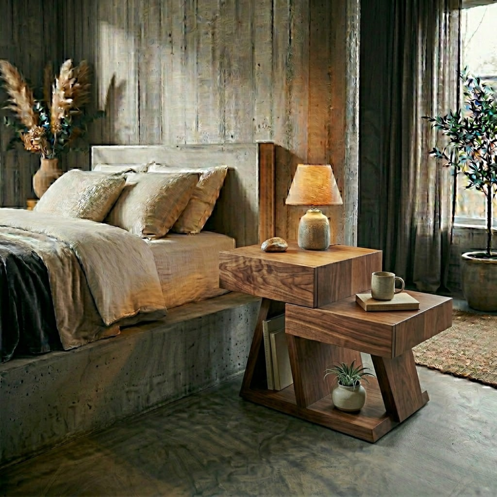 Solid Wood Nightstand Set with Drawer & Shelf – Modern Rustic Bedside Tables