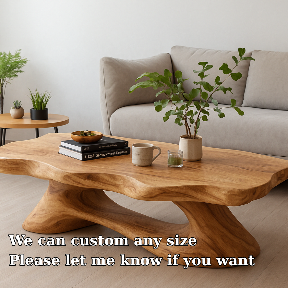 Solid Wood Coffee Table Modern Live Edge Natural Wood with Sculptural Base