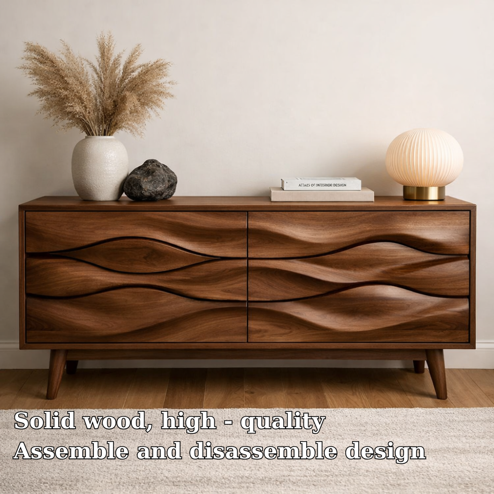 Solid Wood Wave Carved Console Cabinet – Modern Sculptural Sideboard