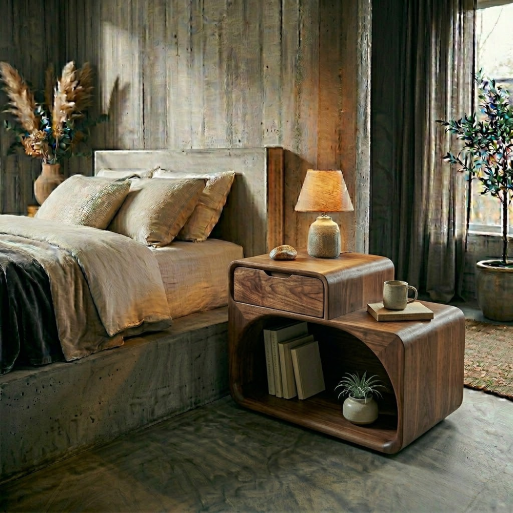 Solid Wood Nightstand with Drawer & Open Shelf – Modern Curved Bedside Table