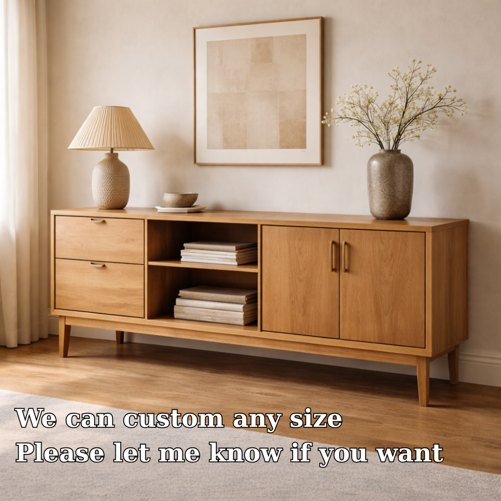 Solid Wood Console Cabinet with Drawers, Doors and Open Shelf Storage