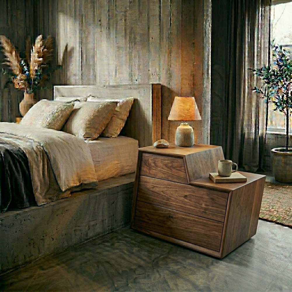 Solid Wood Nightstand with Drawer – Modern Rustic Bedside Table Storage