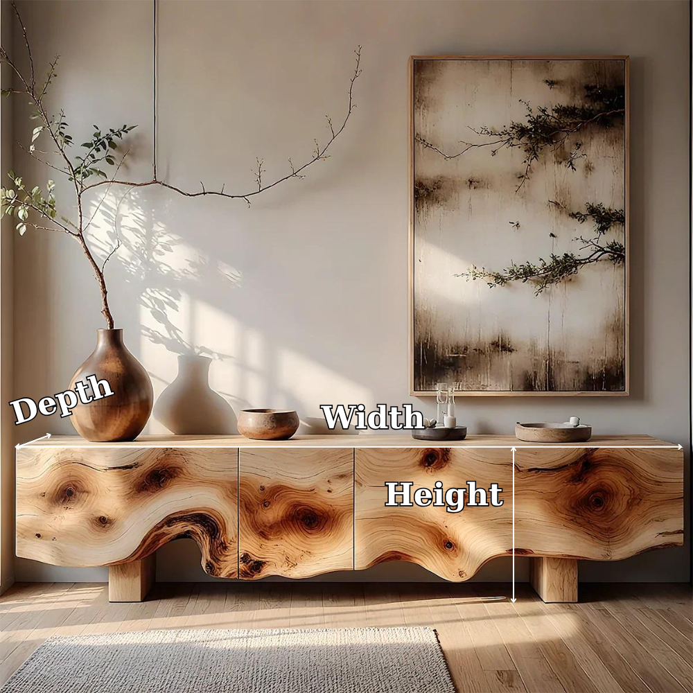 Solid Wood Media Console with Live Edge, Modern Rustic TV Stand Cabinet with Storage
