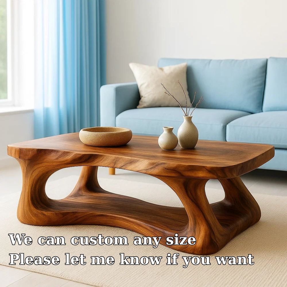 Solid Wood Coffee Table Modern Sculptural Base Natural Live Edge Design