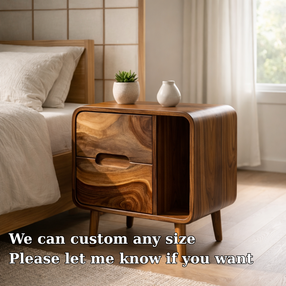 Solid Wood Nightstand with Drawer & Open Cubby – Curved Modern Bedside Table