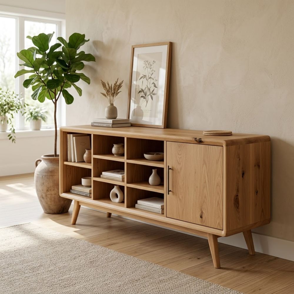 Solid Oak Console Cabinet with Shelves & Door – Modern Storage Sideboard Table