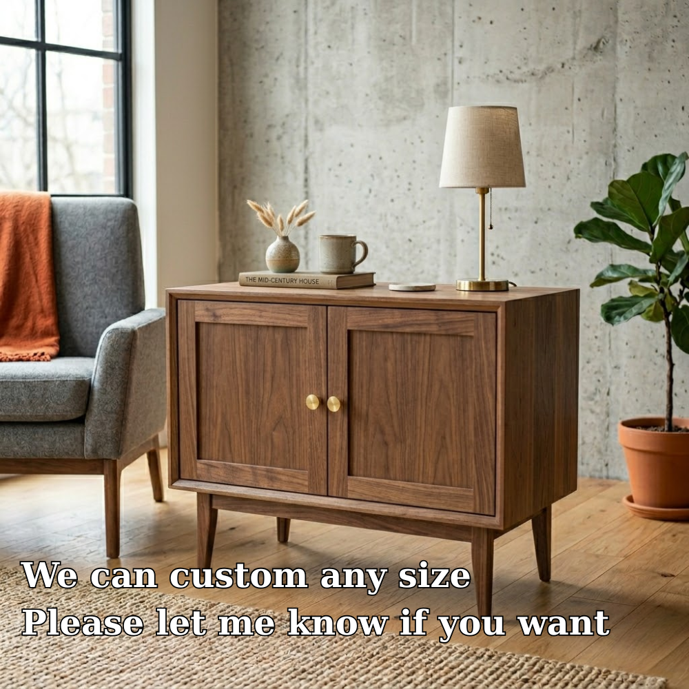 Solid Wood End Table with Double Doors – Mid Century Modern Bedside Side Table