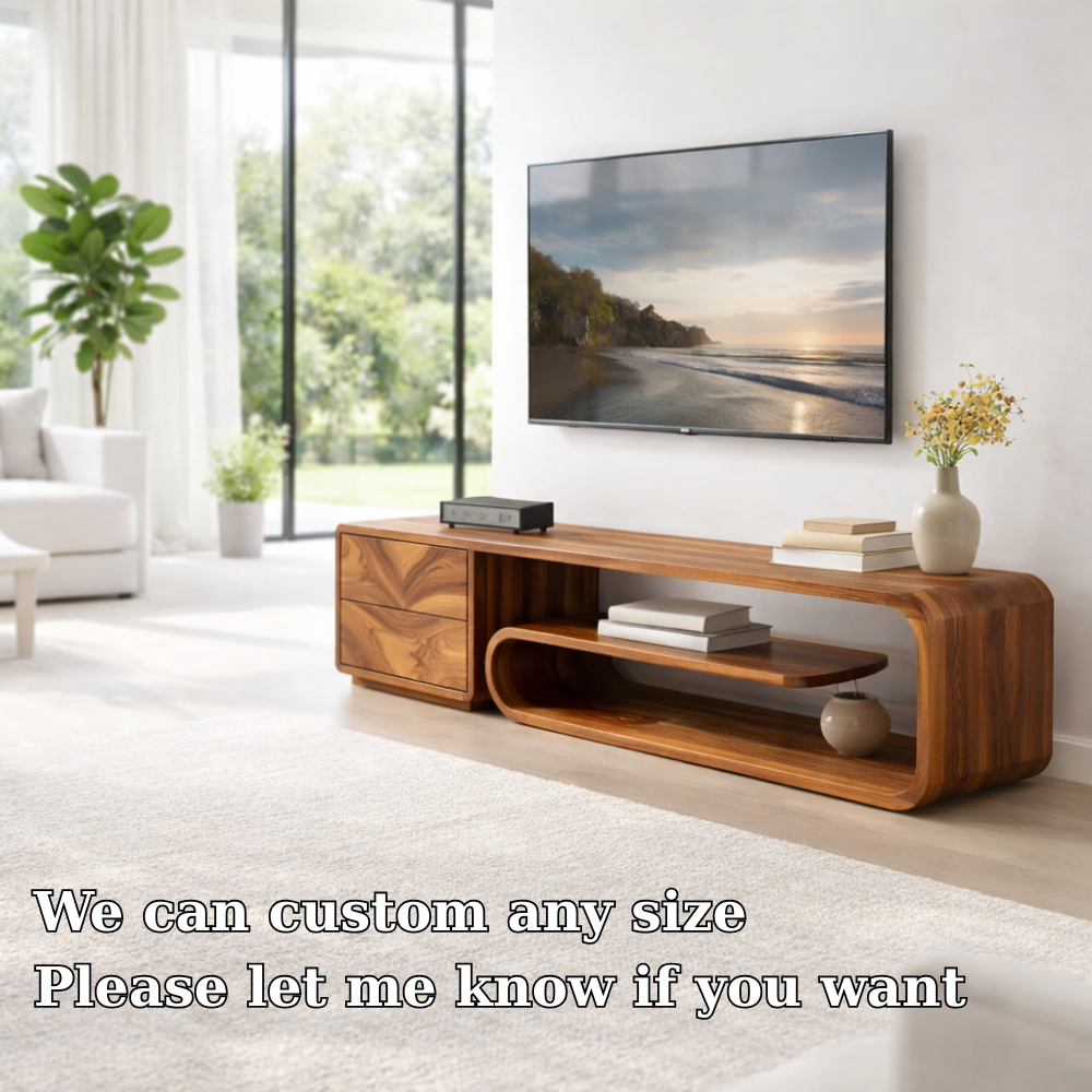Solid Wood Media Console with Curved Shelf & Drawer, Modern Low TV Stand