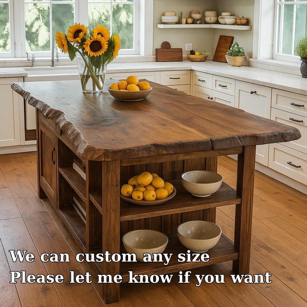 Live Edge Solid Wood Kitchen Island with Storage Shelves – Rustic Farmhouse